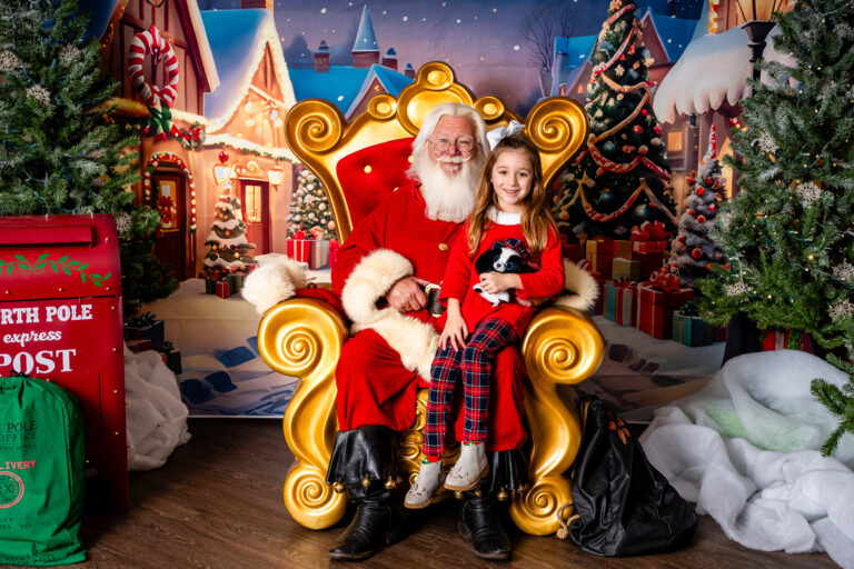 A child in red and plaid sits with Santa in a gold chair surrounded by Christmas decorations.
