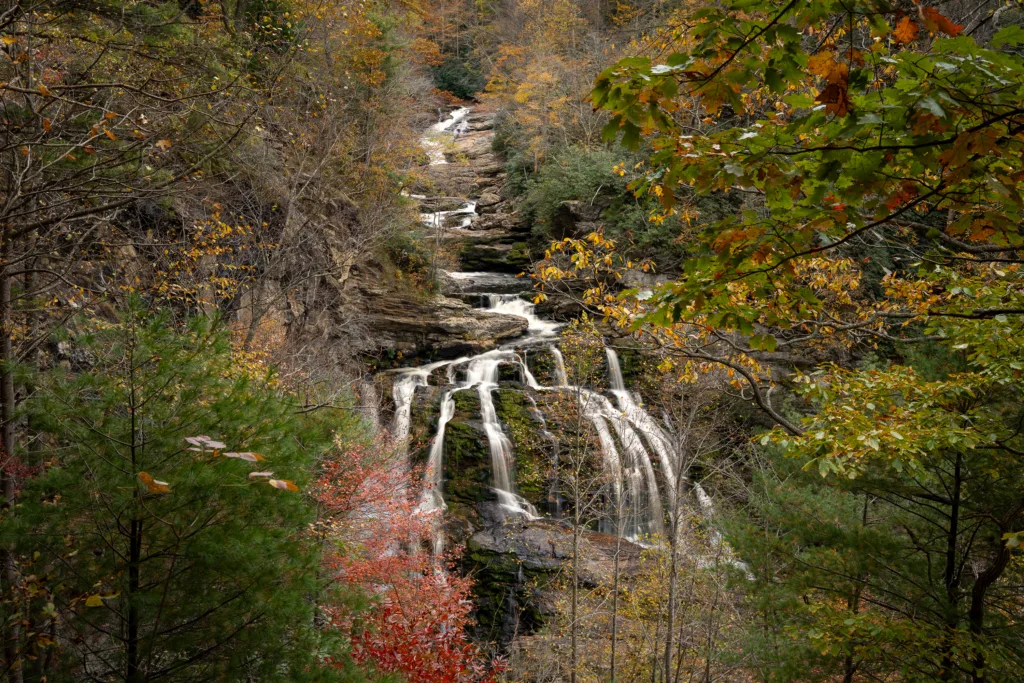 Cullasaja Falls cascading through autumn foliage in western North Carolina