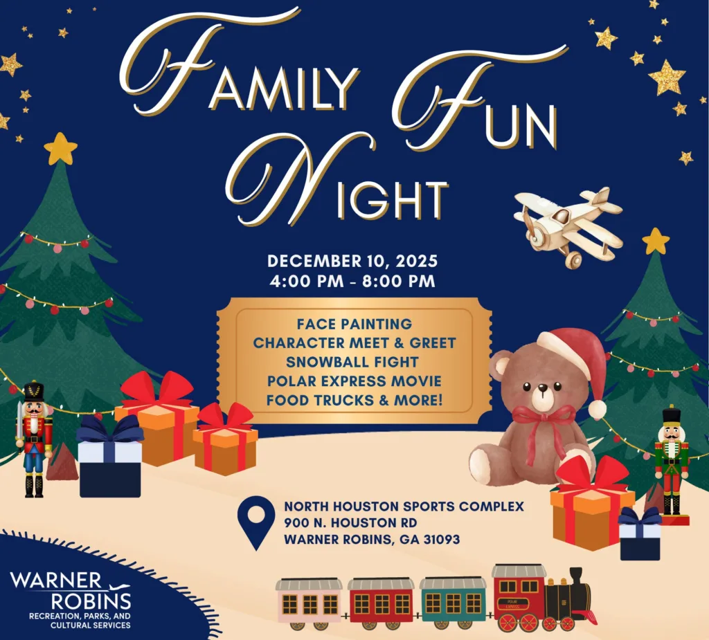 Family Fun Night holiday event flyer with teddy bear, gifts, and details for December 10, 2025 in Warner Robins