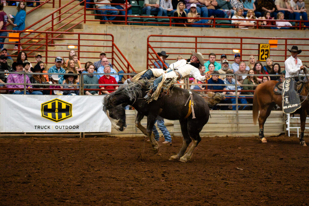 Cowboy in white shirt riding a bucking bronco during bareback event