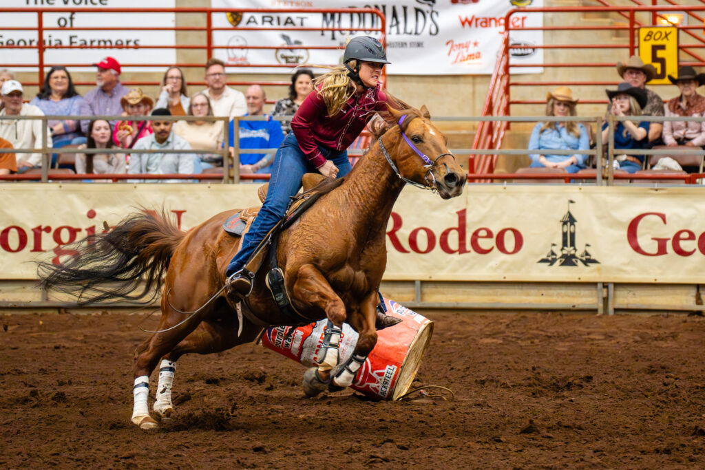 Cowgirl on galloping horse rounding a barrel during a rodeo race