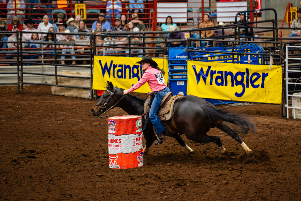 Cowgirl on galloping horse rounding a barrel in a rodeo arena