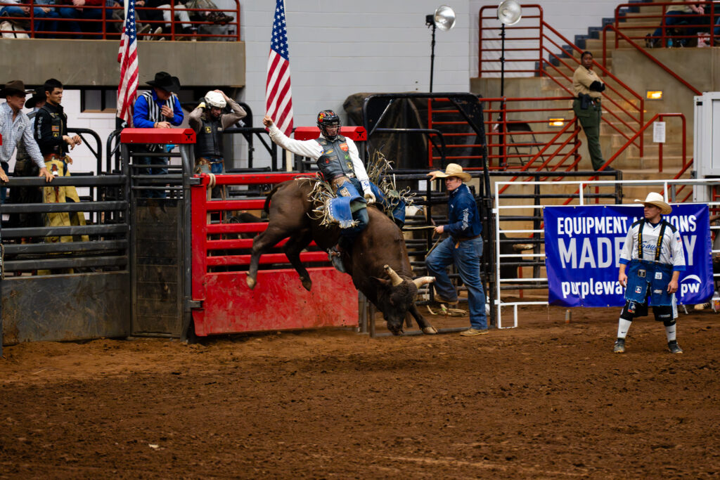 Bull rider bursts from chute at indoor rodeo with cowboys watching