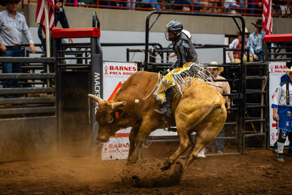 Bull rider gripping a bucking bull in a dirt rodeo arena