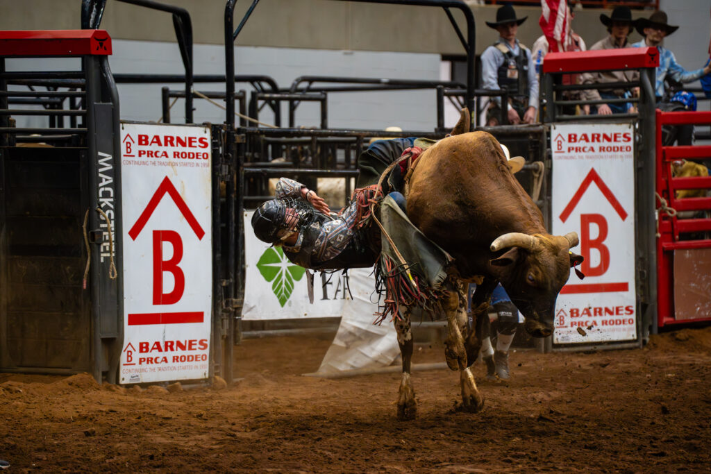 Bull rider being thrown off a bucking bull in an indoor rodeo arena