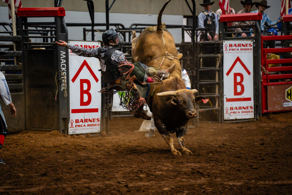 Bull rider being thrown off a bucking bull in an indoor rodeo arena