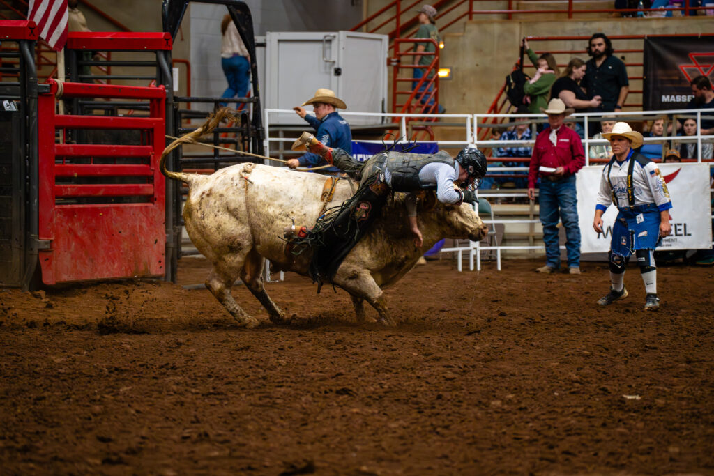 Bull rider clings to bucking bull in an indoor rodeo arena